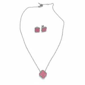 Kit colar + brinco formato de flor rosa