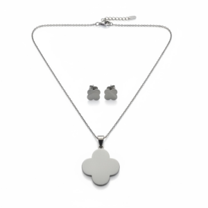 Kit colar + brinco formato de flor lisa em metal
