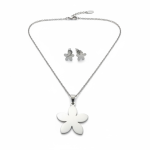 Kit colar + brinco formato de flor lisa de metal